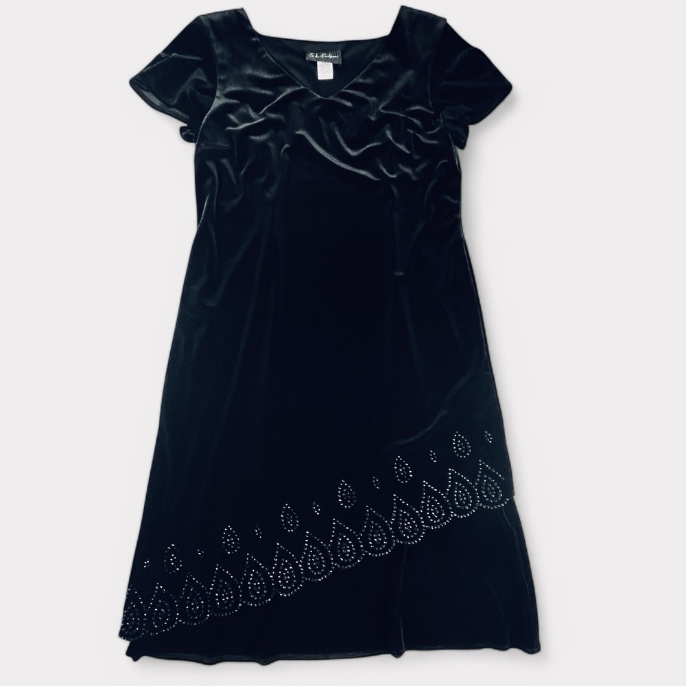 S.L. Fashions Womens Dress 12 Beaded Midi Black Velvet V Neck Cap Sleeve Stretch